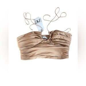 NWT Zara Caramel Satin effect Ruched Halter  Top SZ L